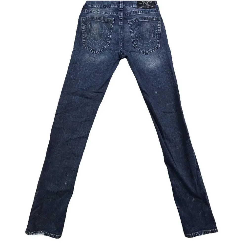 True Religion Jeans Mens 30x33 Blue Rocco Relaxed Skinny Whiskering Embroidered